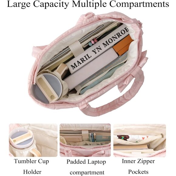 Versatile Pink Puffer Tote Bag for Work, Travel & Gym - 15.6" Laptop Fit - Picture 3 of 7